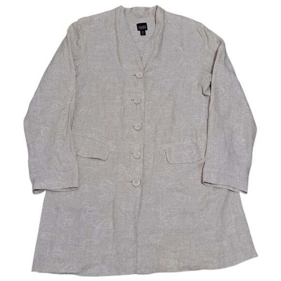 Eileen Fisher Linen Natural Floral Embroid Contemporary Lightweight Long Blazer - Picture 1 of 16